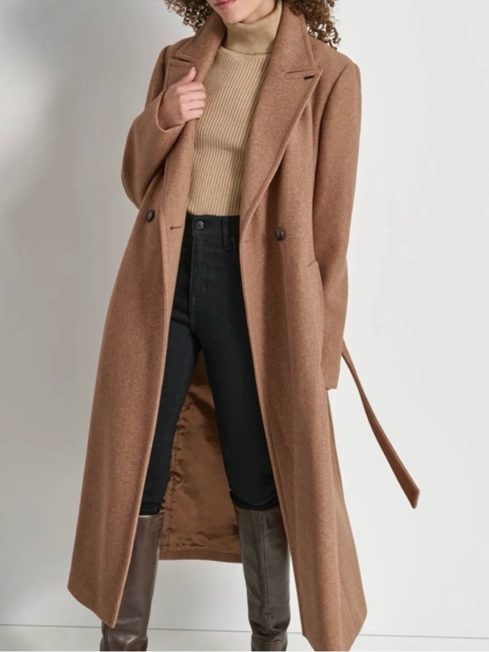 DKNY Camel Brown Belted Wool Coat